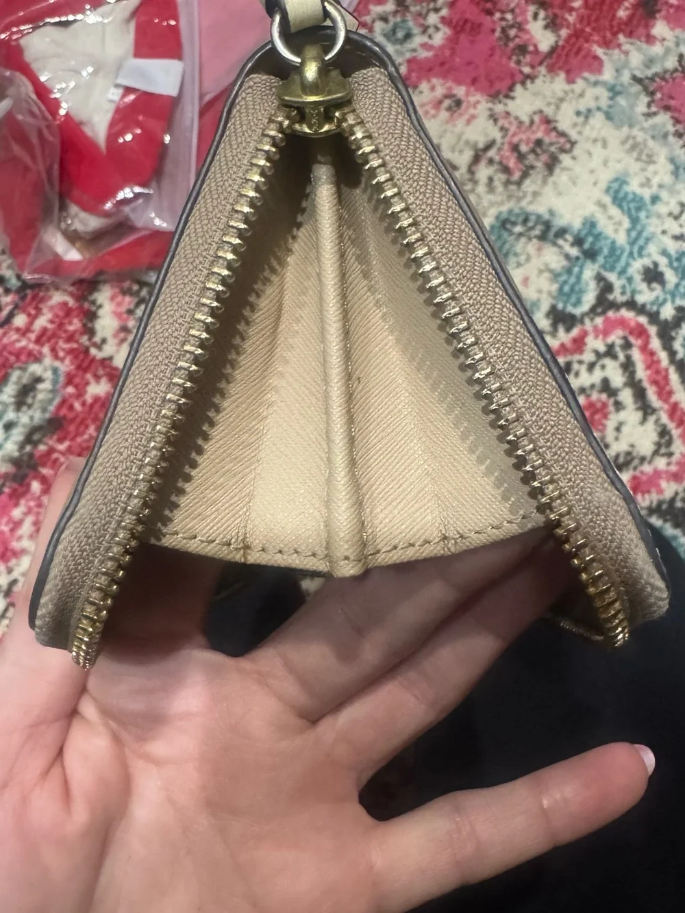 Tory Burch Two-Tone Leather Zip Wallet in Beige
